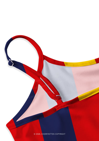 Red Navy Yellow Vertical Stripe Y2K Print Cami Crop Top Cherrykitten