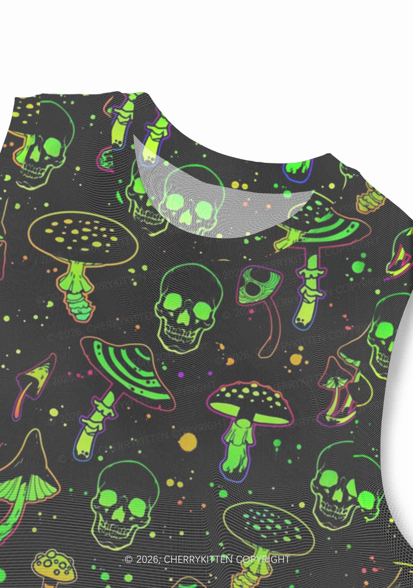 Neon Skull Mushroom Y2K Mesh Muscle Tank Cherrykitten