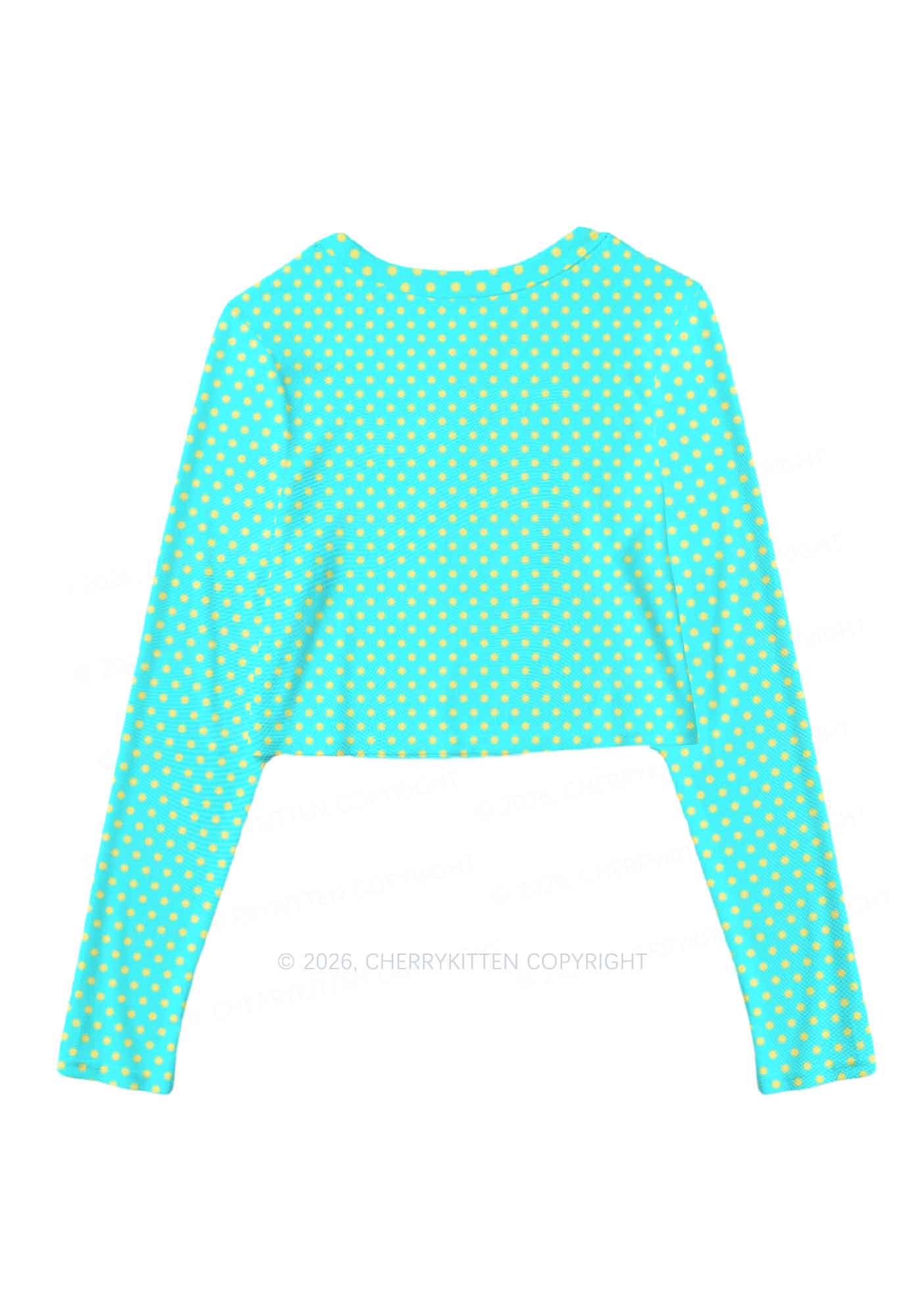 Yellow Dots On Green Y2K Mesh Long Sleeve Crop Top Cherrykitten