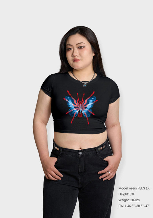 Curvy Red Blue Spider Fly Baby Tee