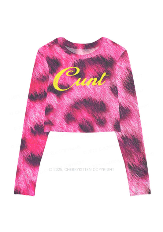 Pink Leopard Cxxt Y2K Mesh Long Sleeve Crop Top Cherrykitten