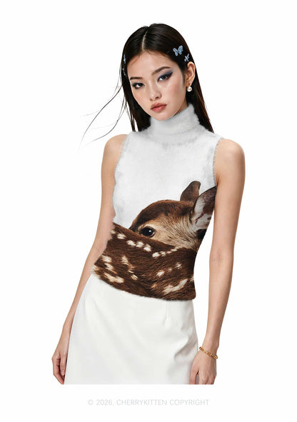Spotted Fawn Deer Y2K Knit Turtleneck Tank Top Cherrykitten