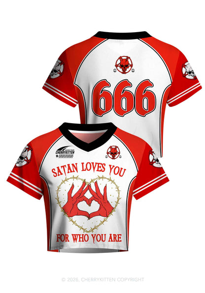 Halloween Satan Loves You Heart Y2K Crop Football Jersey Shirts Cherrykitten