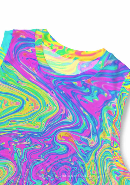Rainbow Fluid Swirl Y2K Mesh Muscle Tank Cherrykitten