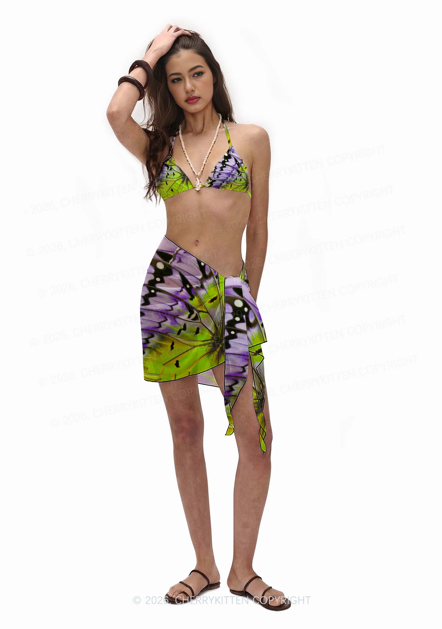 Purple Lime Butterfly Wing Y2K Print Bikini Set Cherrykitten