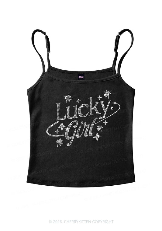 Rhinestone Lucky Girl St Patricks Y2K Spaghetti Strap Cami Cherrykitten