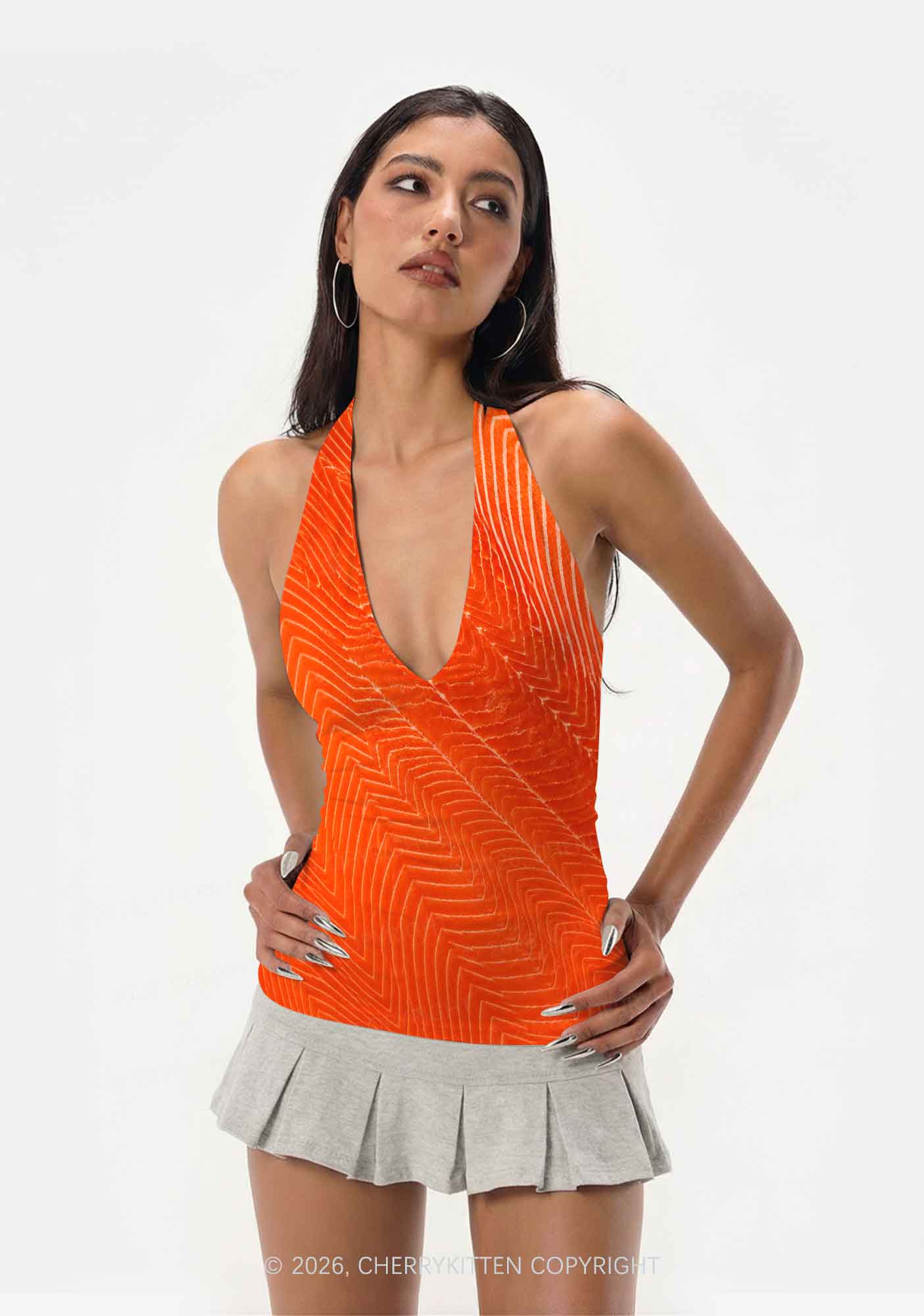 Salmon Meat Texture Y2K Print Halter Deep V Neck Cami Cherrykitten
