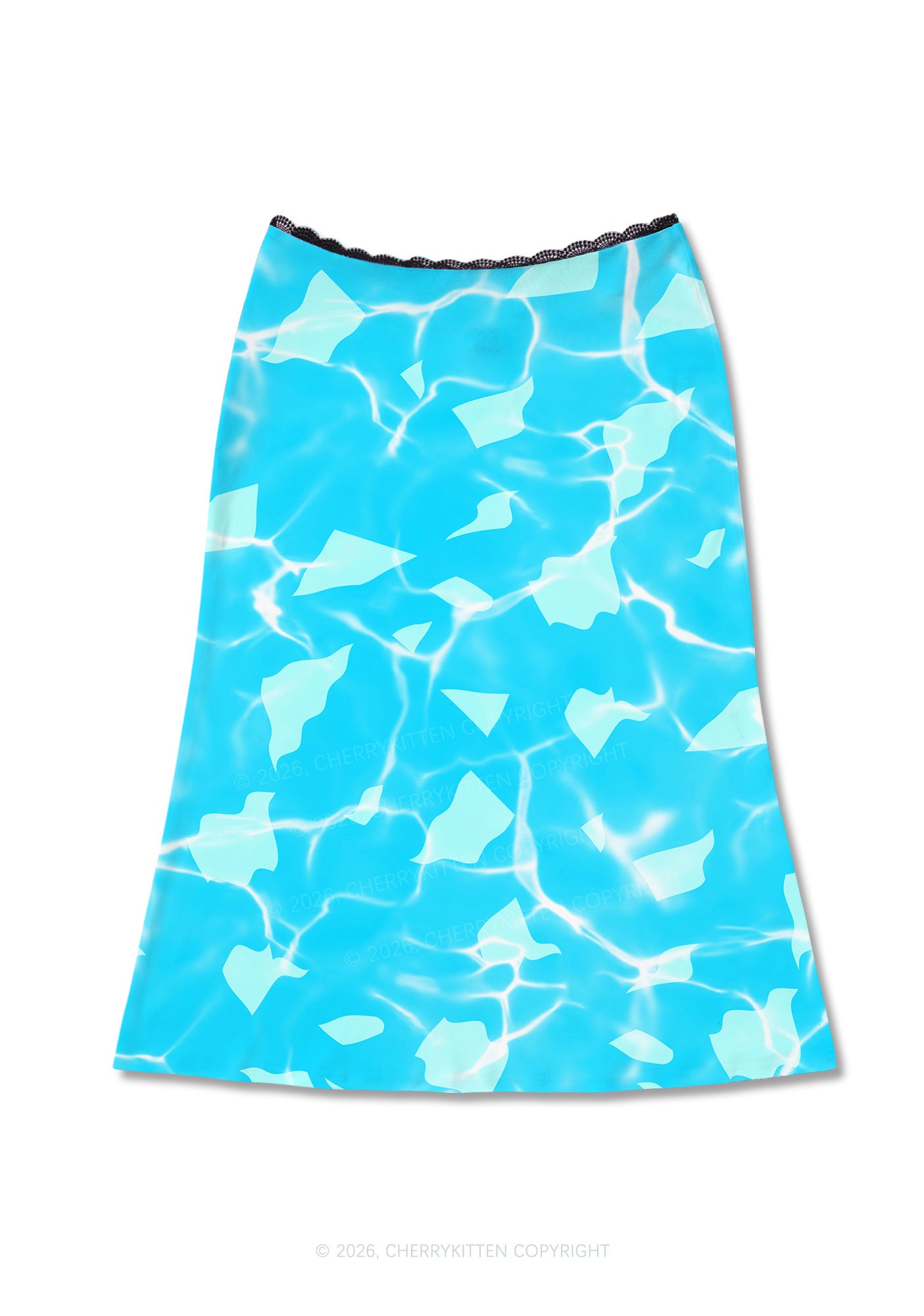 Turquoise Water Ripple Y2K Print Midi Skirt Cherrykitten