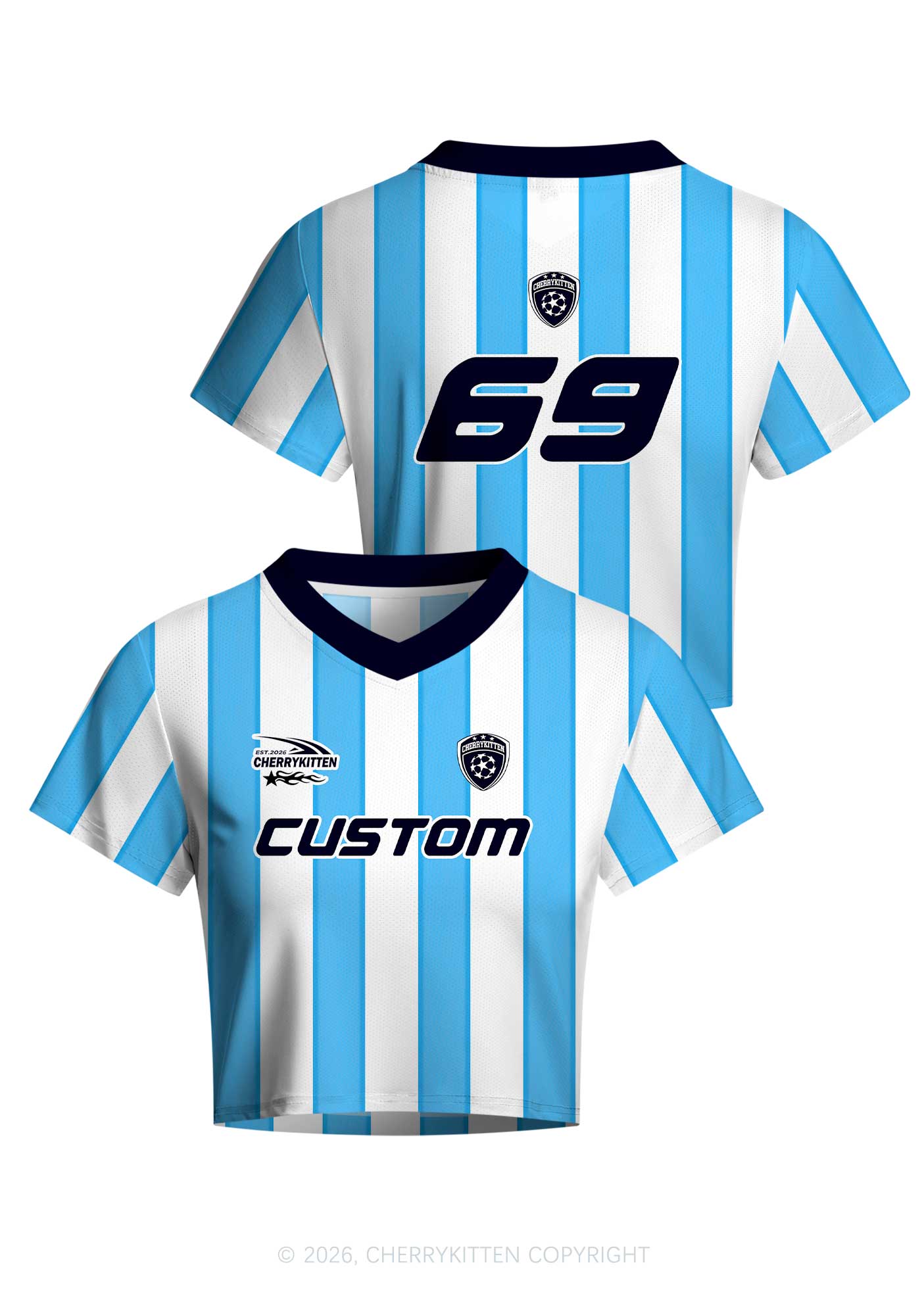 Custom Text Number Blue White Stripes Y2K Crop Football Jersey Shirts Cherrykitten