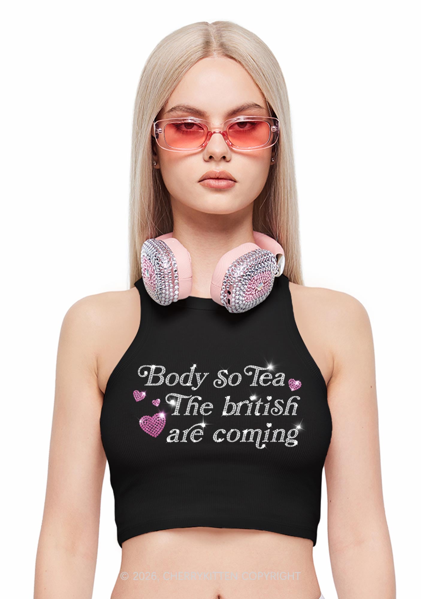 Rhinestone Body So Tea Y2K Crop Tank Top Cherrykitten