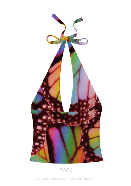 Rainbow Butterfly Wing Pride Y2K Print Halter Deep V Neck Cami Cherrykitten