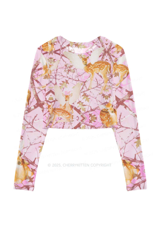 Pink Wood Deer Y2K Mesh Long Sleeve Crop Top Cherrykitten