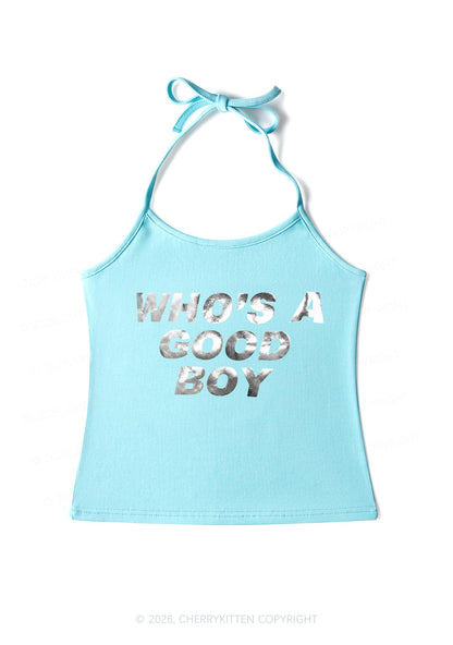 Whos A Good Boy Silver Foil Printed Y2K Halter Neck Cami Cherrykitten