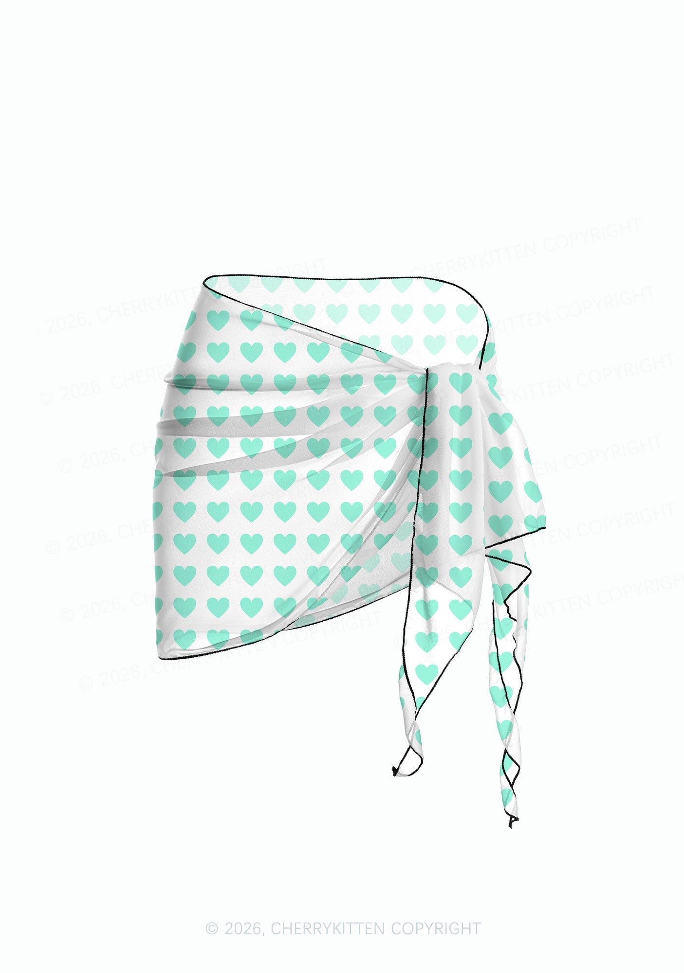 Mint Green Heart On White Y2K Print Bikini Set Cherrykitten