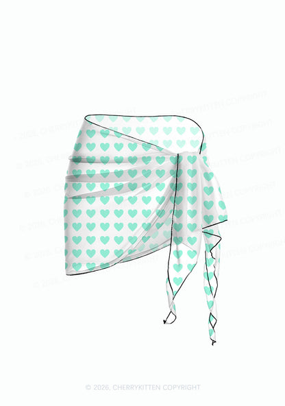 Mint Green Heart On White Y2K Print Bikini Set Cherrykitten