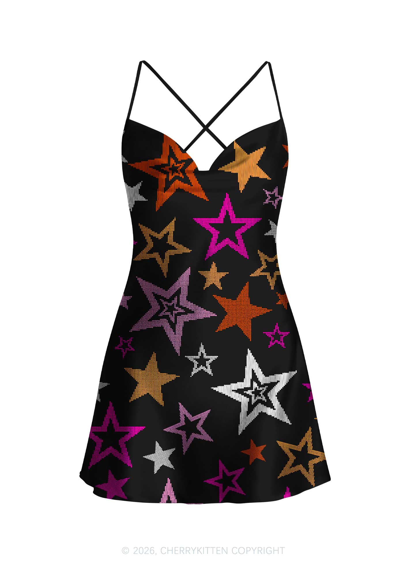 Lesbian Star Pride Y2K Print Satin Cowl Neck Slip Dress Cherrykitten