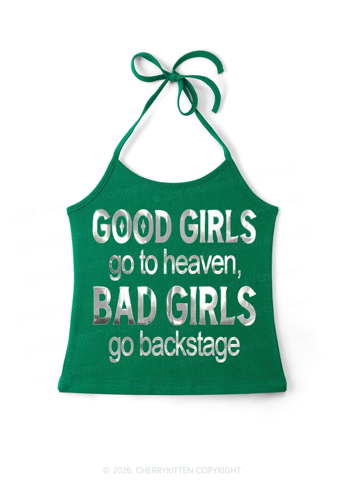 Bad Girls Go Backstage Silver Foil Printed Y2K Halter Neck Cami Cherrykitten