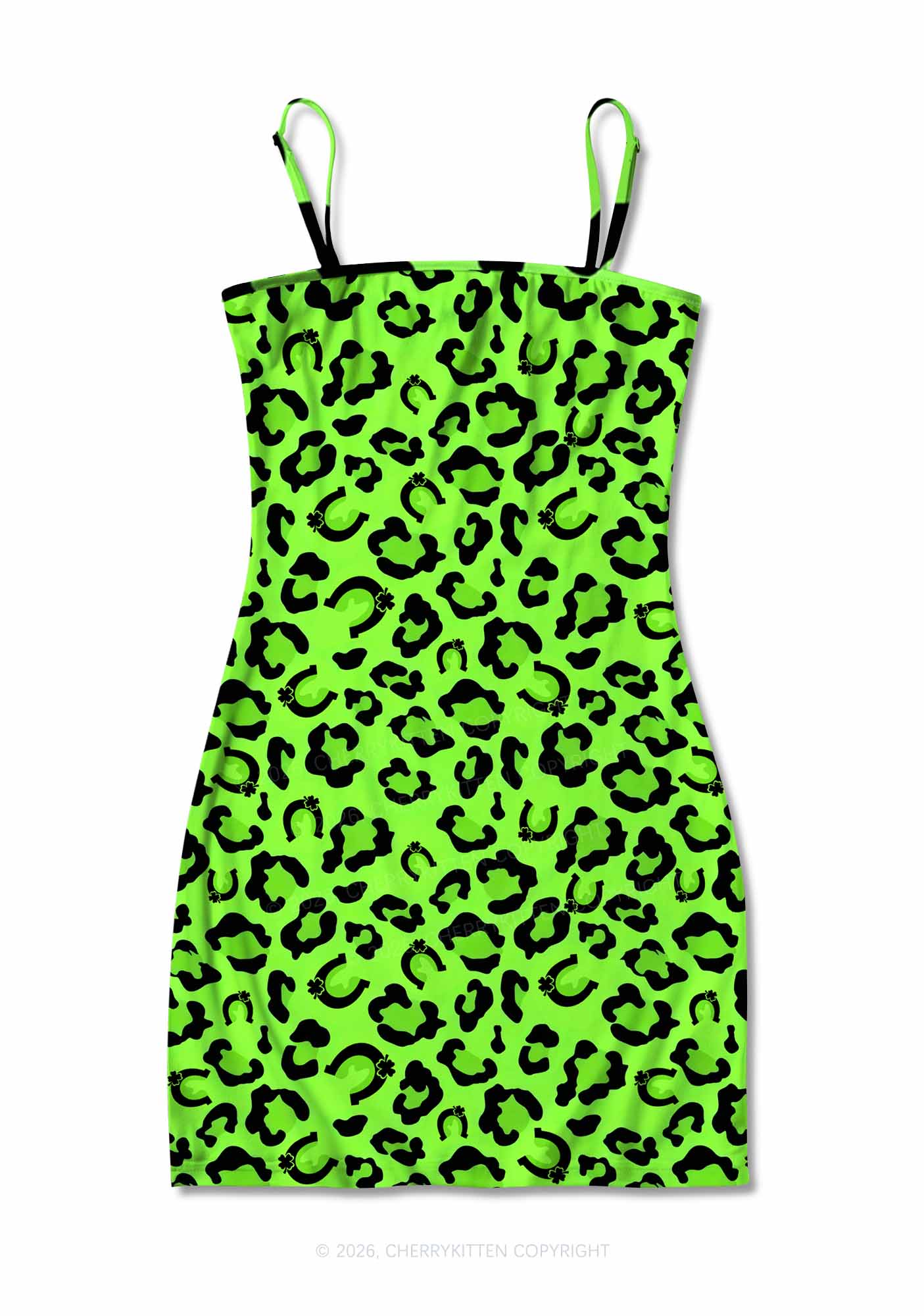 Fluorescent Green Leopard St Patricks Y2K Print Slip Dress Cherrykitten