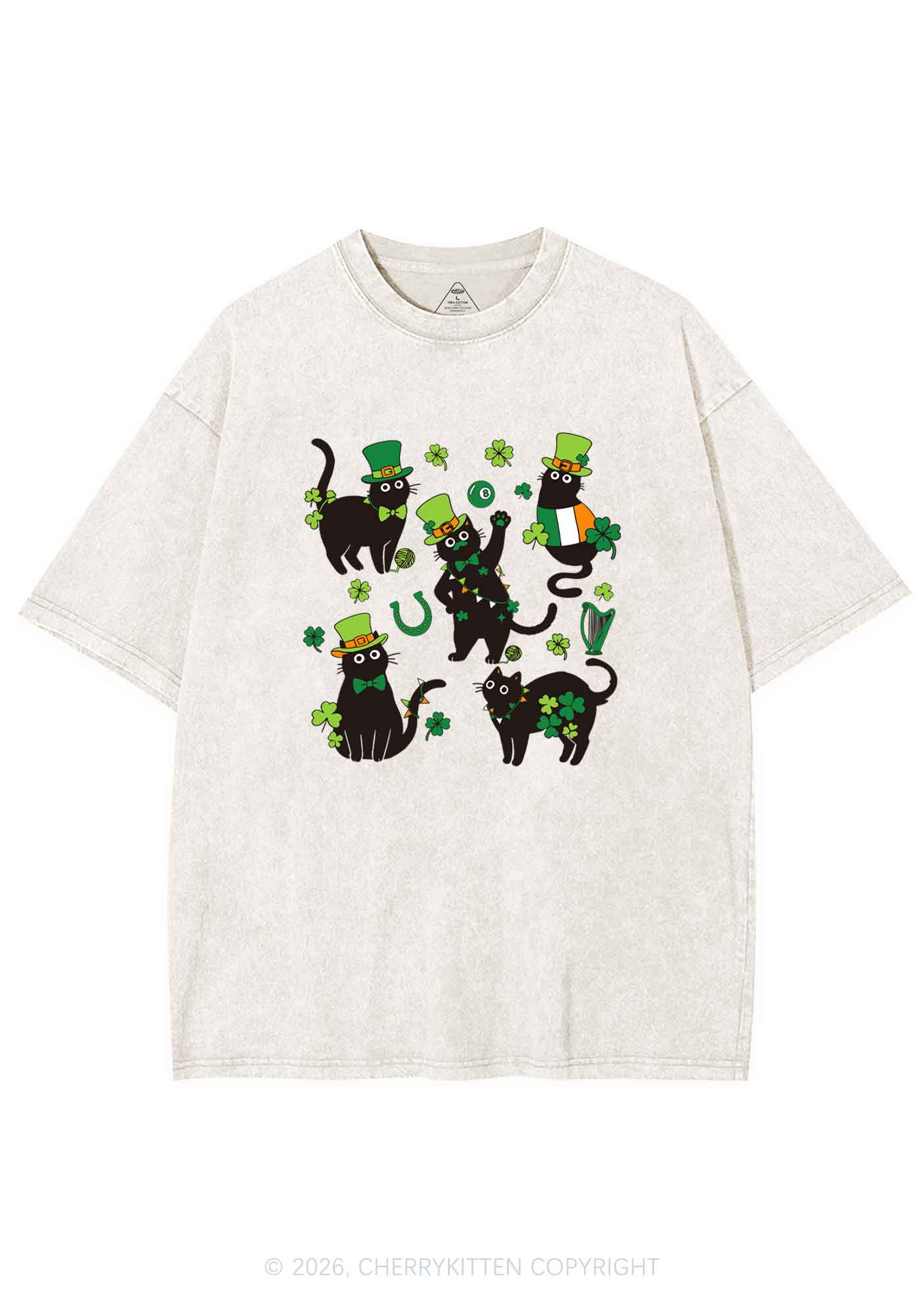 Shamrock Dancing Cats St Patricks Y2K Shirts Washed Tee Cherrykitten