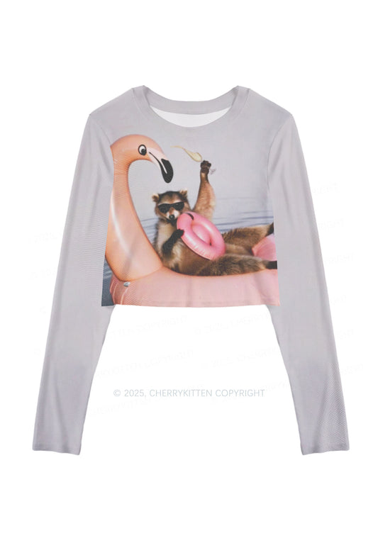 Flamingo Raccoon Y2K Mesh Long Sleeve Crop Top Cherrykitten