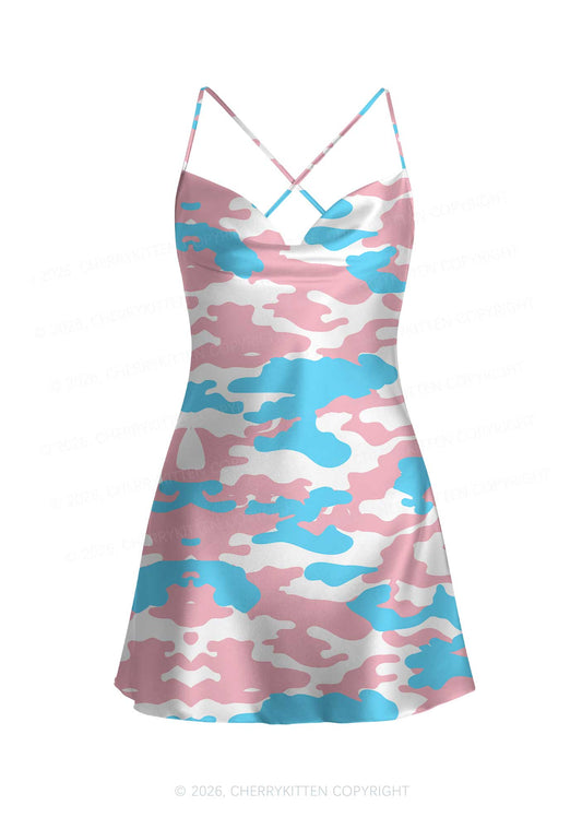 Trans Camouflage Pride Y2K Print Satin Cowl Neck Slip Dress Cherrykitten
