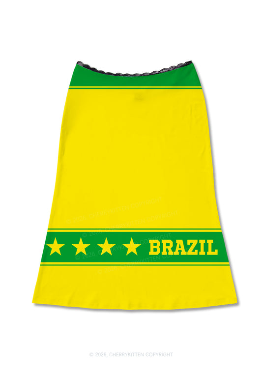 Yellow Green Stripe Star Y2K Print Midi Skirt Cherrykitten
