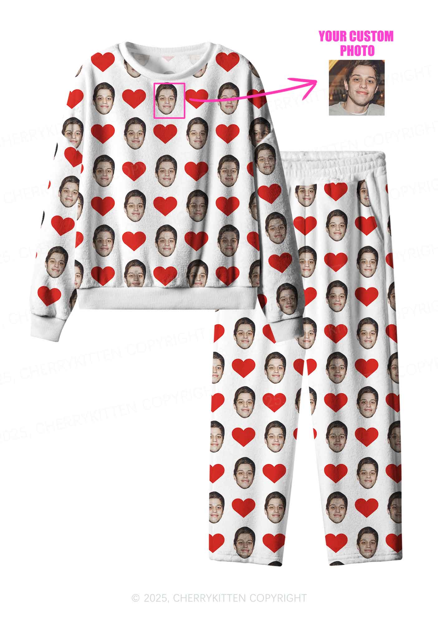 Custom White Hearts Photo Y2K Valentine's Day Y2K Fleece Long Sleeve Pajama Set Cherrykitten
