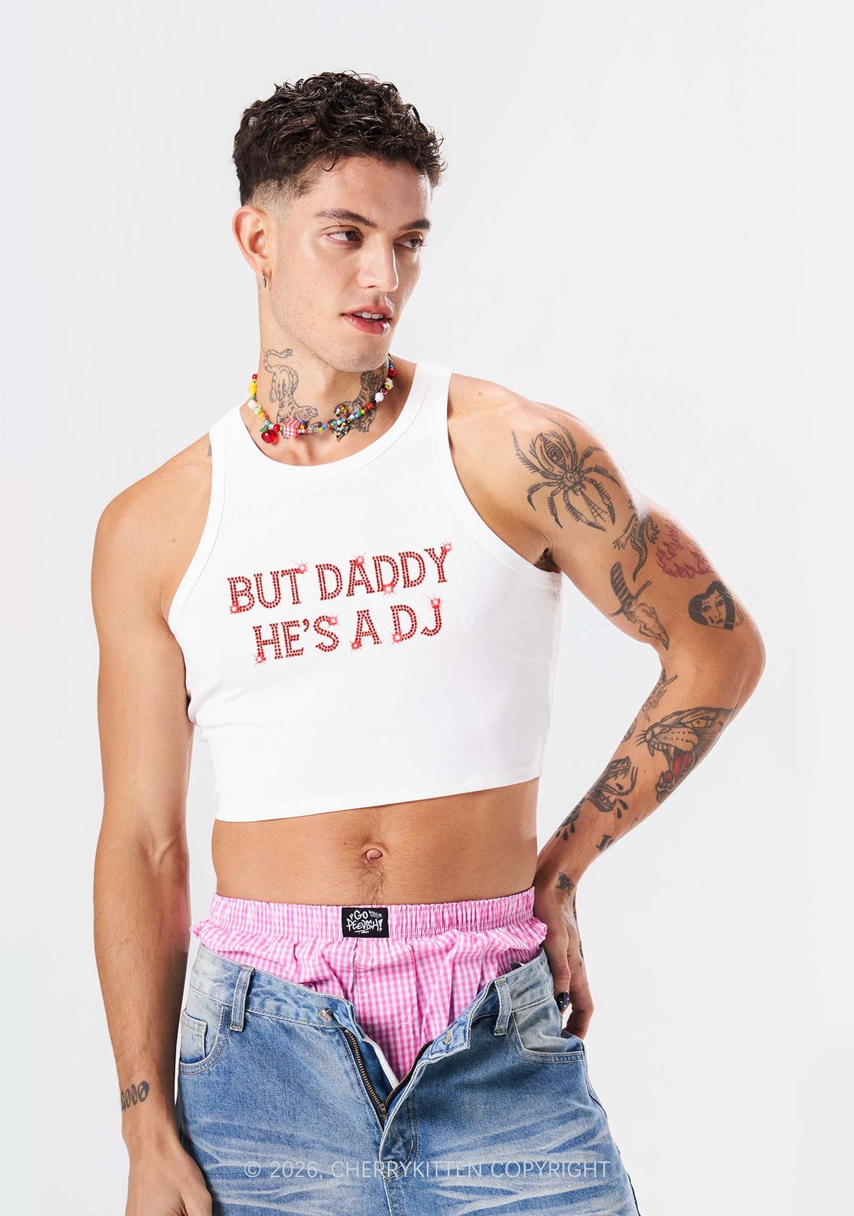 Rhinestone But Daddy Hes A Dj Y2K Crop Tank Top Cherrykitten