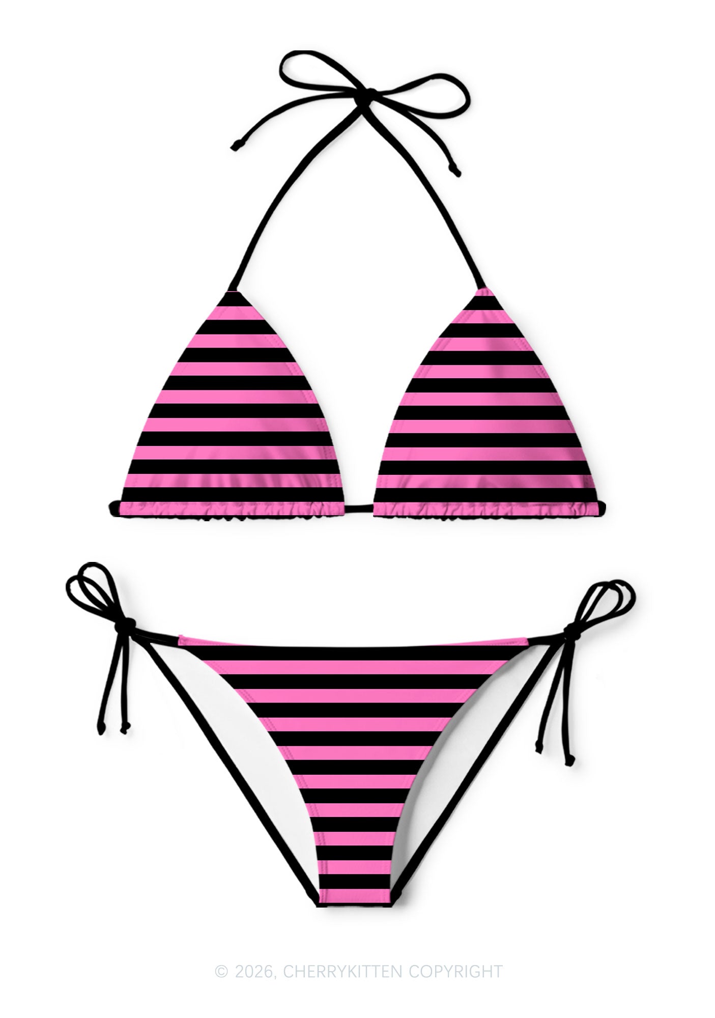Pink And Black Stripes Y2K Print Bikini Set Cherrykitten