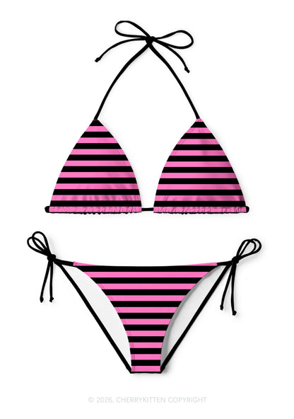 Pink And Black Stripes Y2K Print Bikini Set Cherrykitten