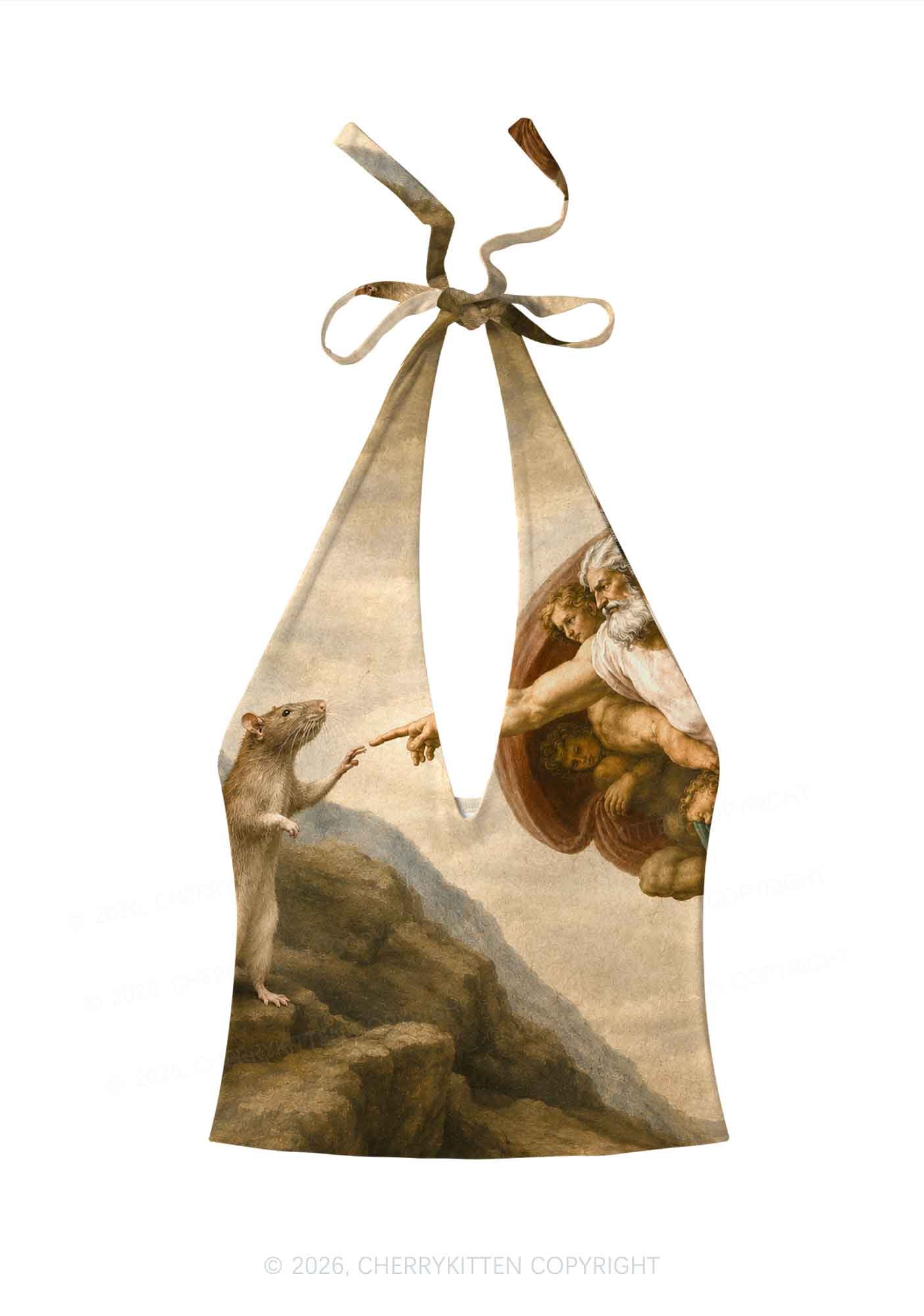 God Hand Touching Rat Y2K Print Halter Deep V Neck Cami Cherrykitten