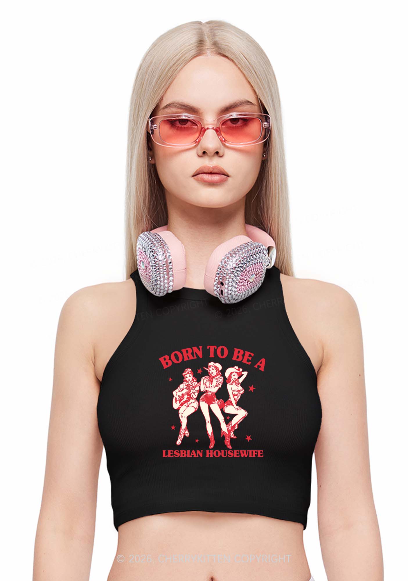 Born To Be Lesbian Housewife Pride Y2K Crop Tank Top Cherrykitten