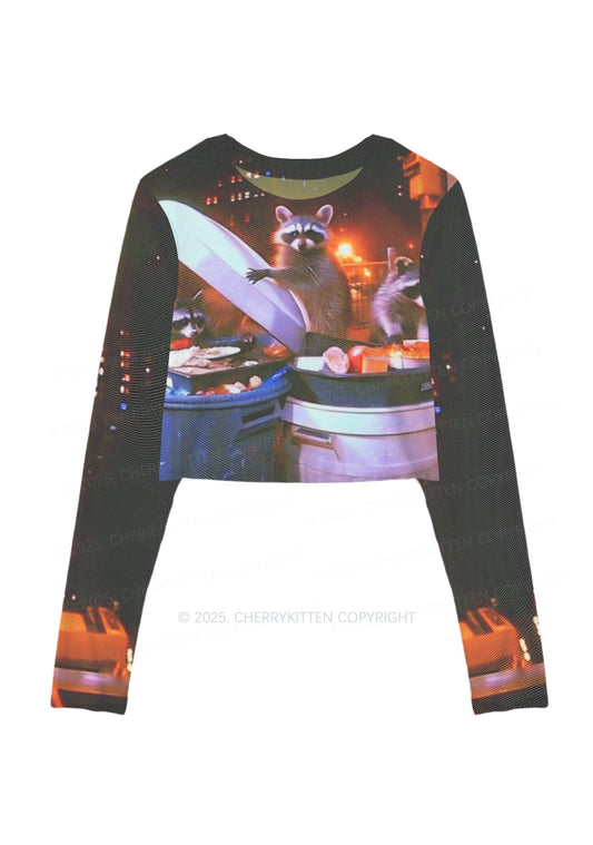 Raccoon Trash Party Y2K Mesh Long Sleeve Crop Top Cherrykitten