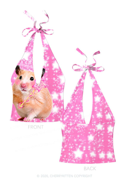 Rat Princess Y2K Print Halter Deep V Neck Cami Cherrykitten