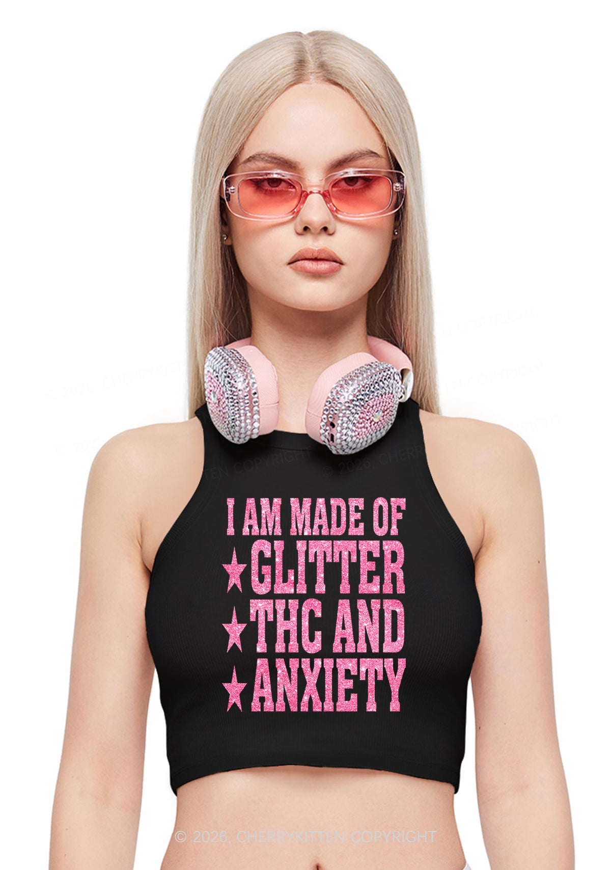 Made Of Glitter Thc Anxiety Y2K Crop Tank Top Cherrykitten