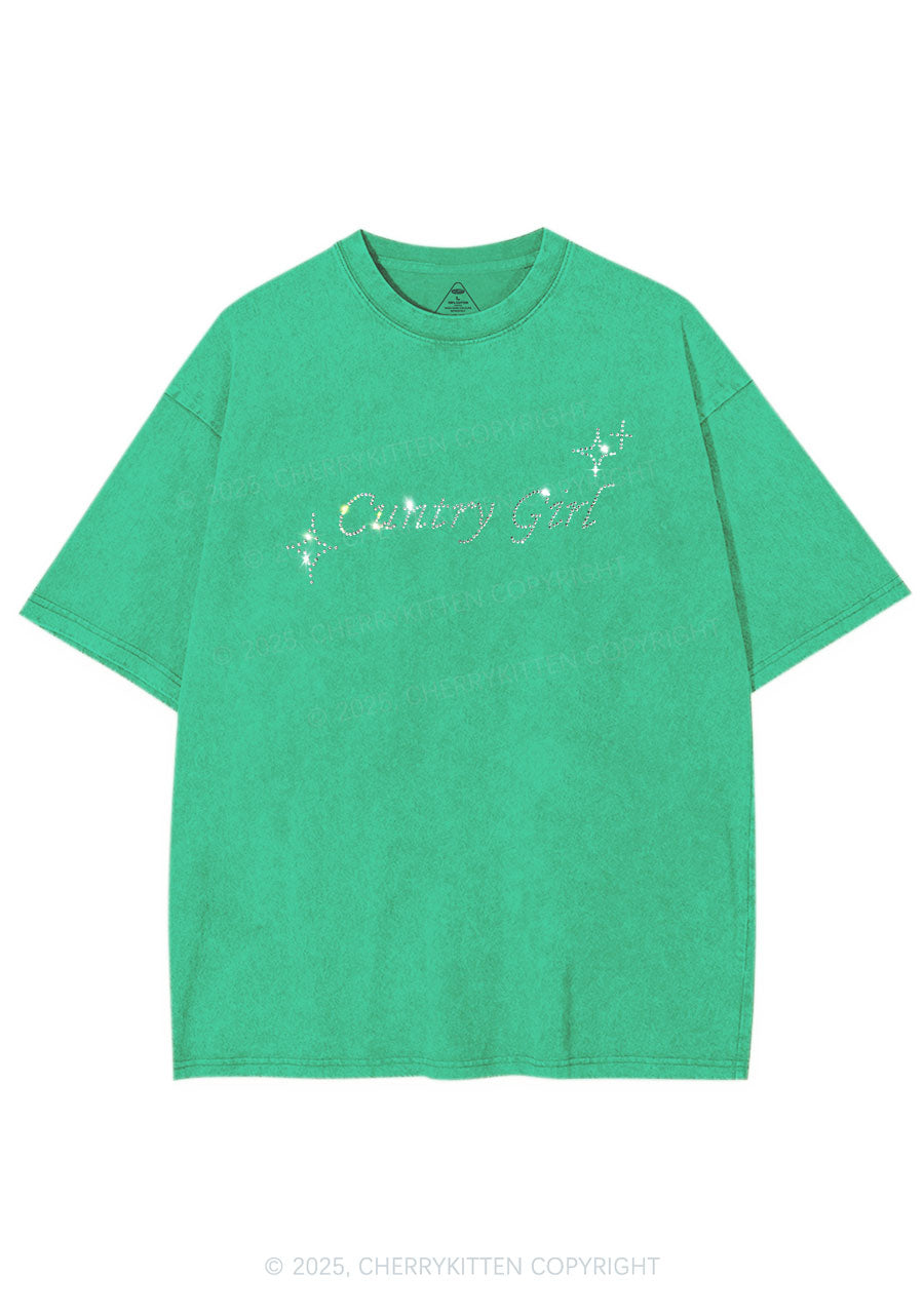 Rhinestone Cxxtry Girl Y2K Shirts Washed Tee Cherrykitten