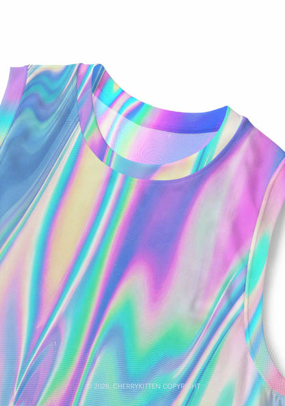 Holographic Iridescent Swirl Y2K Mesh Muscle Tank Cherrykitten