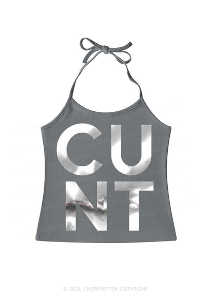 Cxxt Silver Foil Printed Y2K Halter Neck Cami Cherrykitten