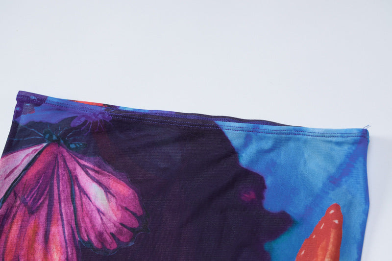 Butterfly Print Backless Tube Top Skirt Set