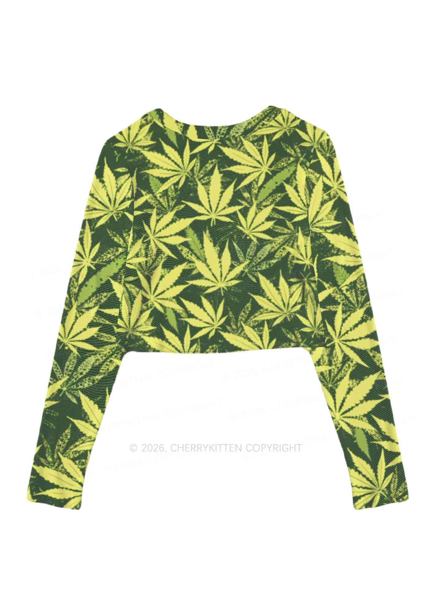 Green Wxxd Leaf Y2K Mesh Long Sleeve Crop Top Cherrykitten