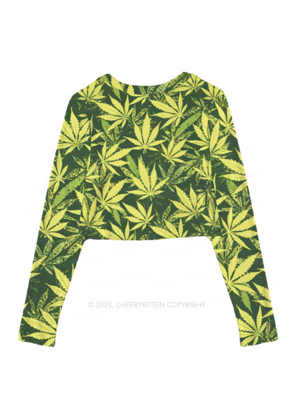 Green Wxxd Leaf Y2K Mesh Long Sleeve Crop Top Cherrykitten