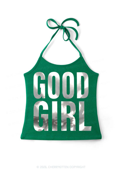 Good Girl Silver Foil Printed Y2K Halter Neck Cami Cherrykitten