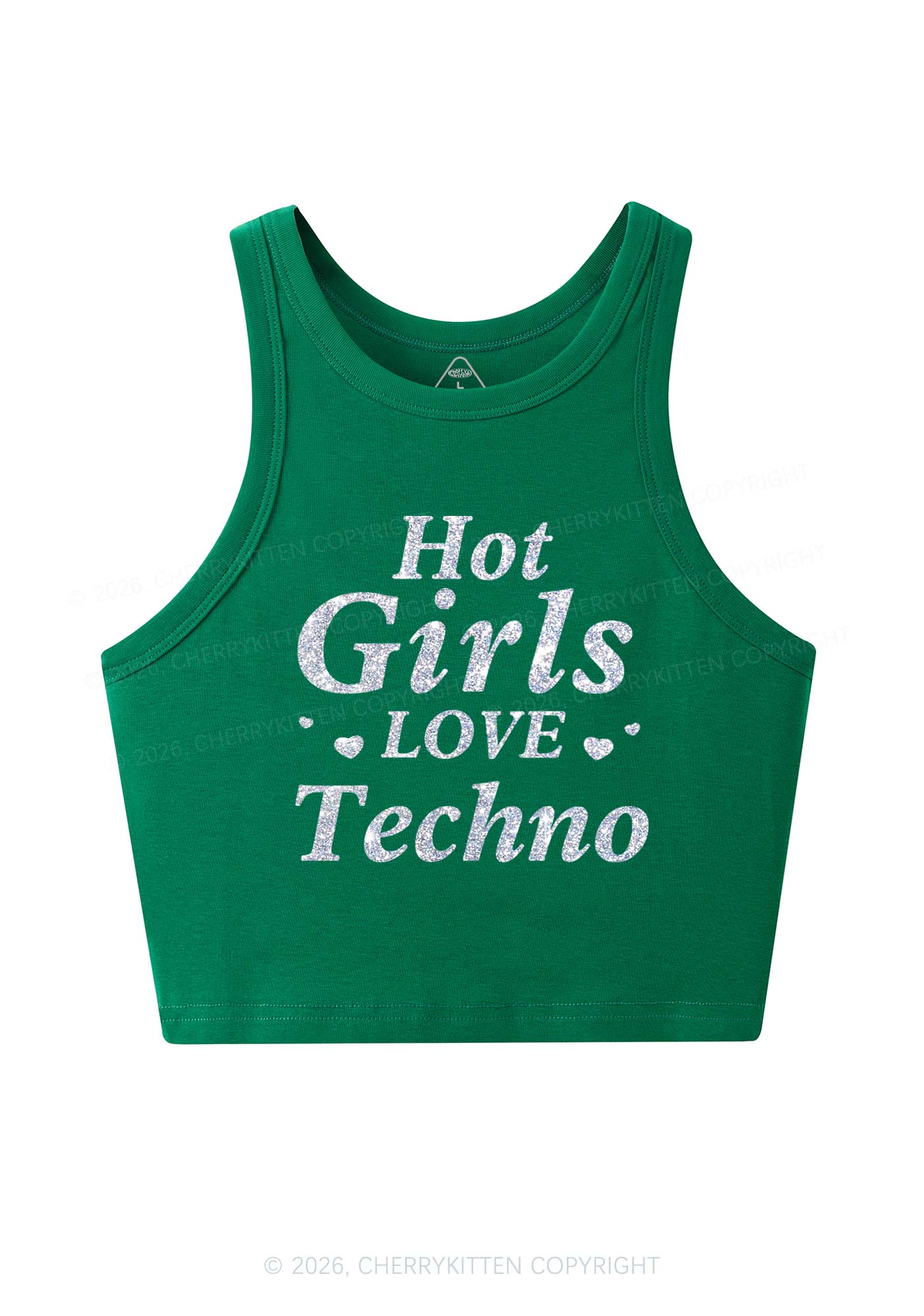 Glitter Hot Girls Love Techno Y2K Crop Tank Top Cherrykitten