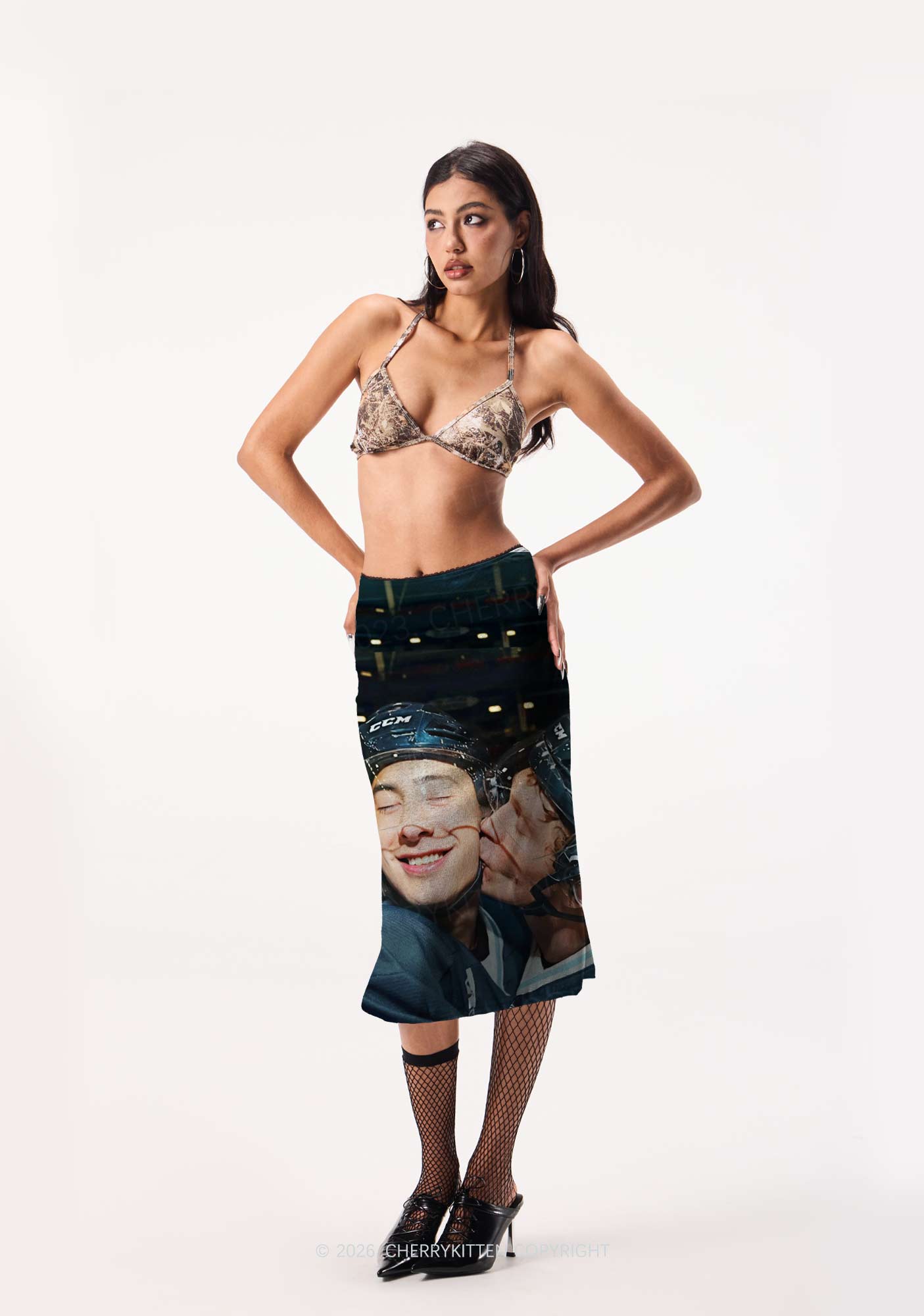 Hockey Duo HR Y2K Print Midi Skirt Cherrykitten