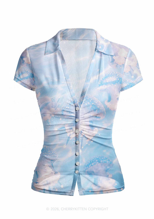 Blue Ocean Jellyfish Y2K Mesh Ruched Waist V Neck Top Cherrykitten