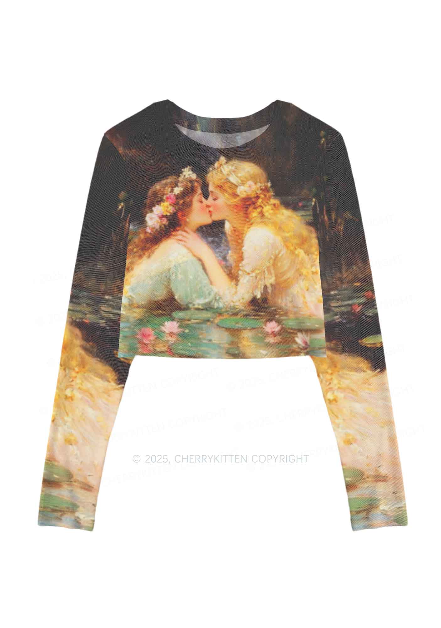Romantic Kissing Girls Pride Y2K Mesh Long Sleeve Crop Top Cherrykitten