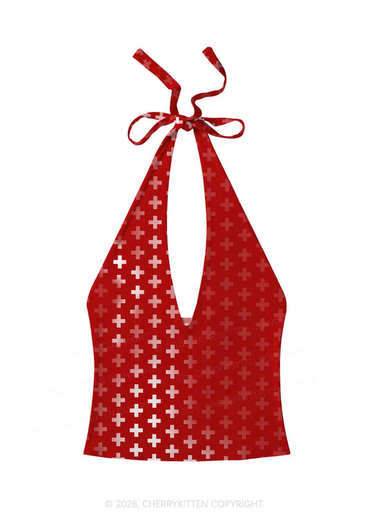 Red White Gradient Cross Y2K Print Halter Deep V Neck Cami Cherrykitten