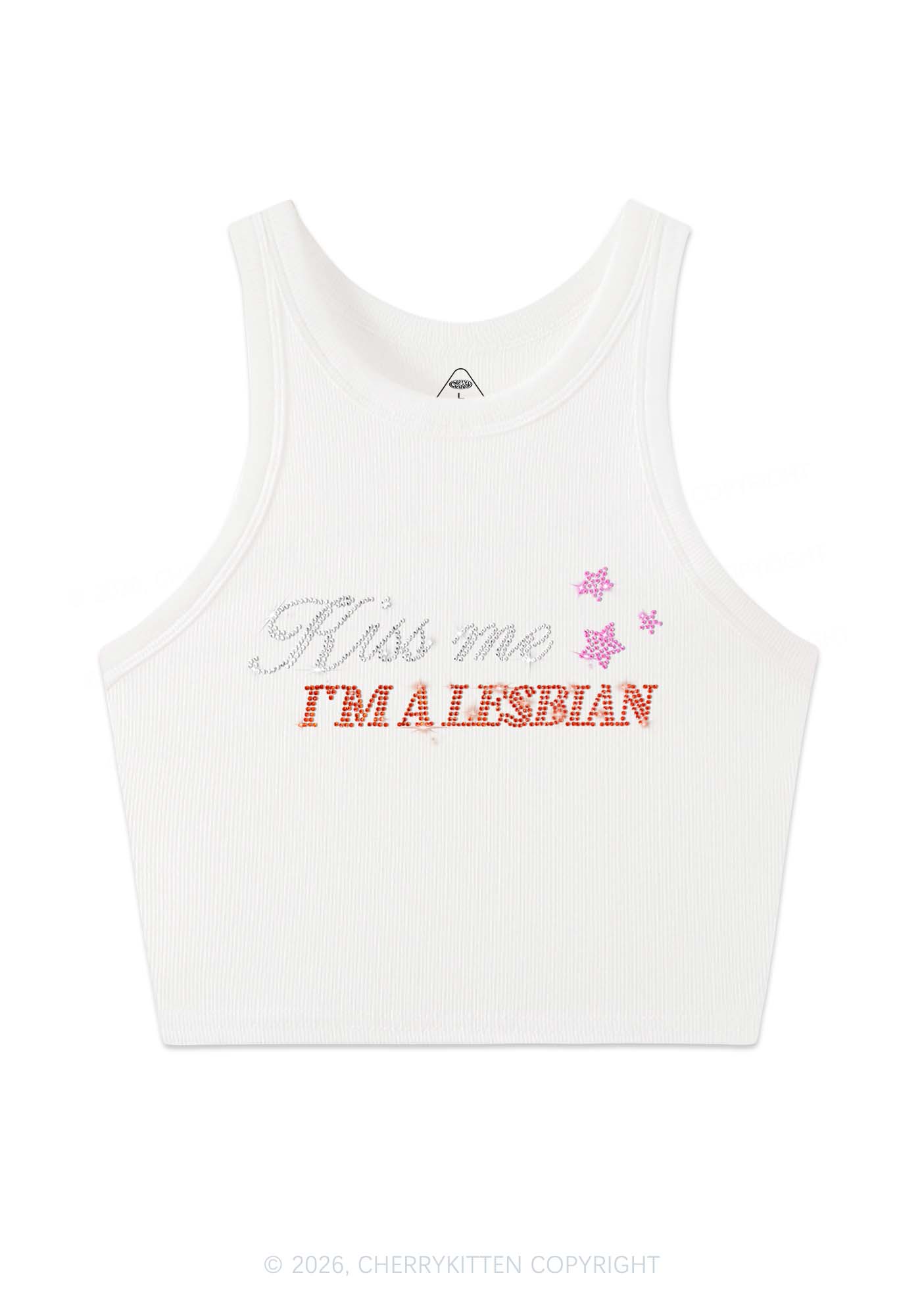Rhinestone Kiss Me Im A Lesbian Pride Y2K Crop Tank Top Cherrykitten