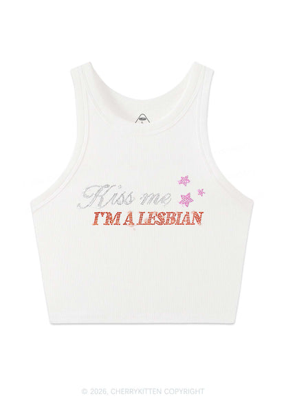 Rhinestone Kiss Me Im A Lesbian Pride Y2K Crop Tank Top Cherrykitten