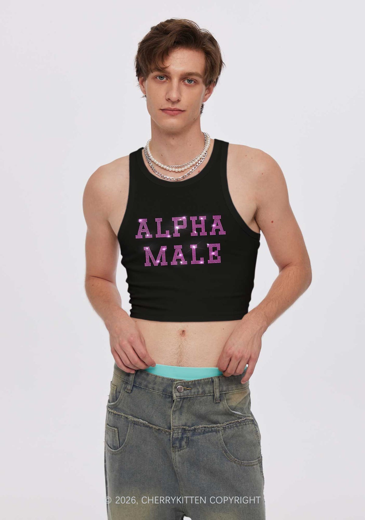 Rhinestone Pink Alpha Male Y2K Crop Tank Top Cherrykitten
